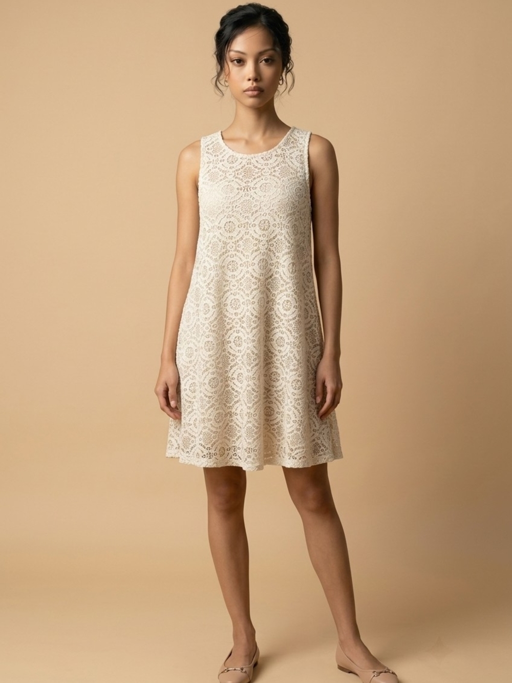 Sharagano Sleeveless Cream Lace Mini Swing Dress - Picture 4 of 5